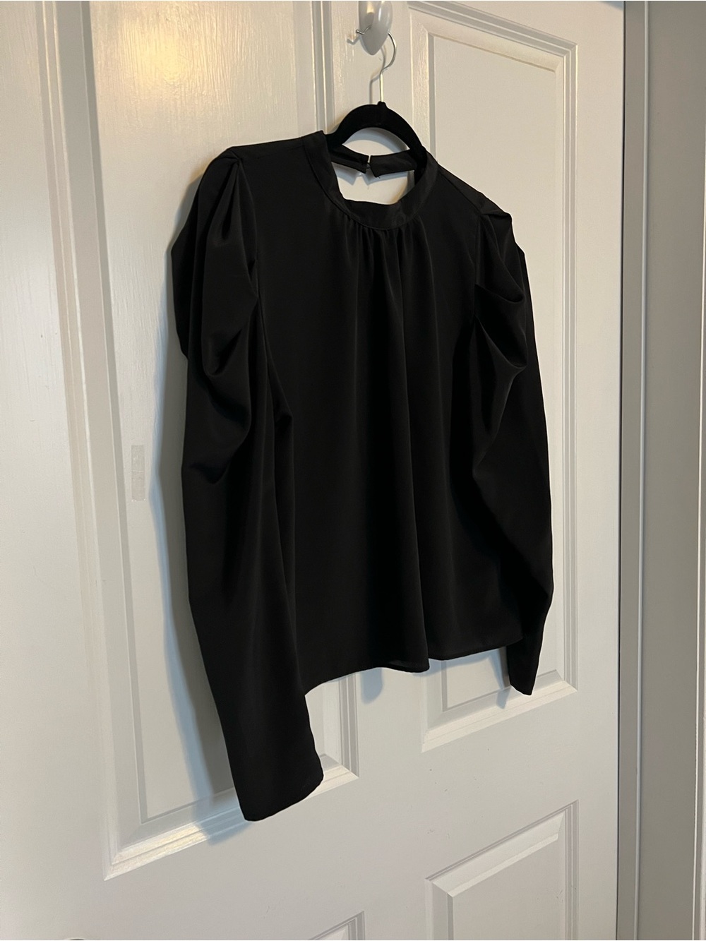 TOPSHOP US 8 black l/s high neck deep v back shirt top sheer texture cute.
